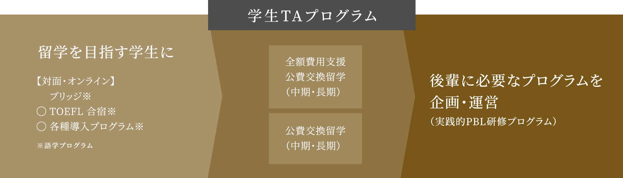 学生TAプログラム 留学を目指す学生に【対面・オンライン】ブリッジ※◯ TOEFL 合宿※◯ 各種導入プログラム※ ※語学プログラム 全額費用支援公費交換留学（中期・長期） 後輩に必要なプログラムを企画・運営（実践的PBL研修プログラム）