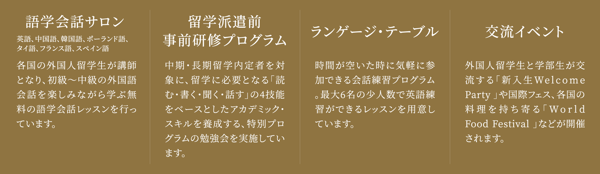 語学会話サロン 英語、中国語、韓国語、ポーランド語、タイ語、フランス語、スペイン語 各国の外国人留学生が講師となり、初級～中級の外国語会話を楽しみながら学ぶ無料の語学会話レッスンを行っています。 留学派遣前事前研修プログラム 中期・長期留学内定者を対象に、留学に必要となる「読む・書く・聞く・話す」の4技能をベースとしたアカデミック・スキルを養成する、特別プログラムの勉強会を実施しています。 ランゲージ・テーブル 時間が空いた時に気軽に参加できる会話練習プログラム。最大6 名の少人数で英語練習ができるレッスンを用意しています。 交流イベント 外国人留学生と学部生が交流する「新入生Welcome Party 」や国際フェス、各国の料理を持ち寄る「World Food Festival 」などが開催されます。